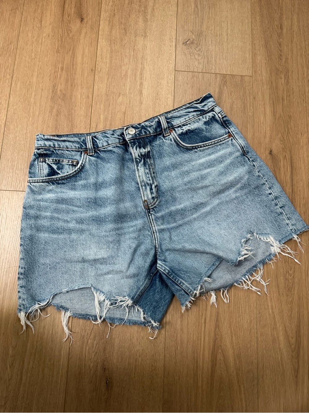 Reformation Light Blue Distressed High-Rise Denim Shorts